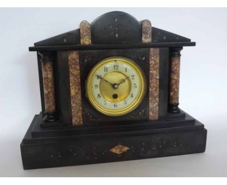 Late 19th century black and variegated rouge marble mounted mantel timepiece, the architectural case with overhanging cornice