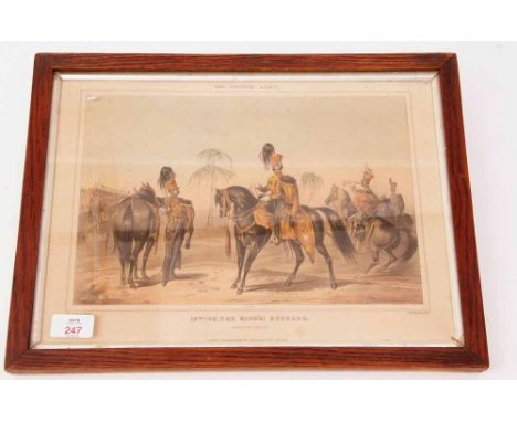 Coloured print "The British Army, 15th (or The King's) Hussars, Review order", M A Hayes, J H Lynch, 27 x 37cms in plain oak 