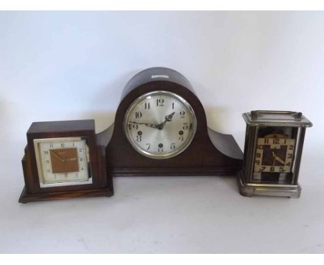 Mixed Lot: arched triple spring driven mantel clock together with an Art Deco Ingersoll timepiece and further Ansonia carriag