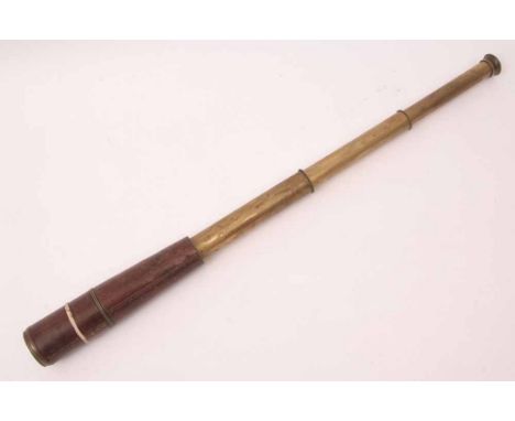 WWI period leather bound brass three-draw telescope of typical form with sliding sunshade and bearing Govt broad arrow, Tel: 