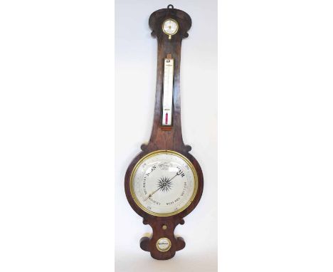 Mid-19th century rosewood wheel barometer, A J Bird - London, the dome top case with waisted neck and shaped base set with si