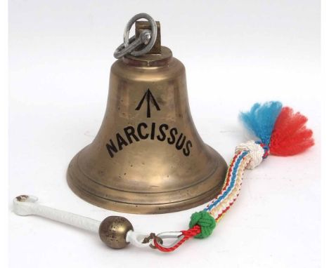 First half of 20th century cast ship's bell, of typical form and marked with the crows foot broad arrow and signed "Narcissus