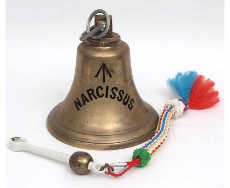 First half of 20th century cast ship's bell, of typical form and marked with the crows foot broad arrow and signed "Narcissus