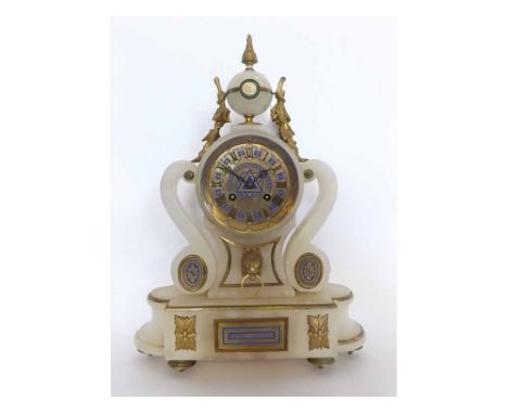 Late 19th/early 20th century gilt metal mounted alabaster mantel clock, the drum case with spherical finial and scrolling sid