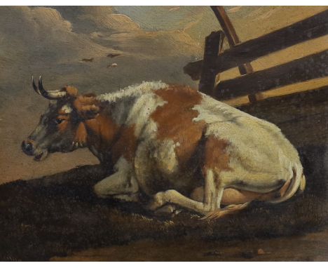 Attributed to Paulus Potter (1625-1654), oil on wooden panel, Study of a seated cow, bears signature and inscribed verso, 20 