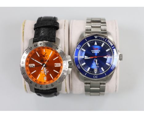Two gentleman's modern stainless steel Vostok Europe automatic wrist watches including K-3 Submarine with day/night indicator