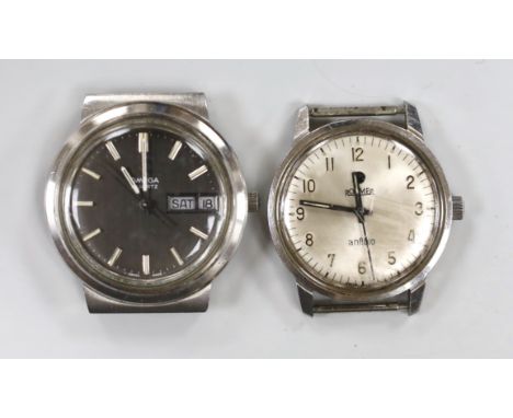 A gentleman's stainless steel Omega quartz day date wrist watch, case diameter 38mm, no strap, together with a gentleman's st