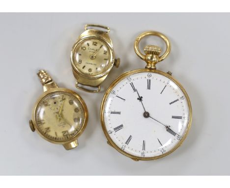 An early 20th century 18k open face fob watch, gross 32.3 grams and two lady's 9ct gold wrist watches (no straps).