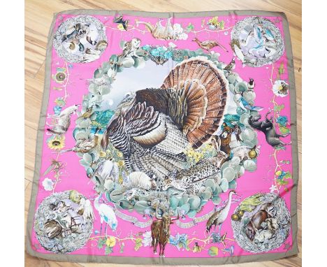 A Lady’s Hermes ‘Faune Et Flore Du Texas, Texas Wildlife’ silk scarf, designed by Oliver Kermit, in original box, with a case