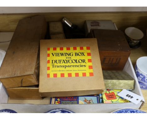 A Viewmaster, Magic lantern slides, Disney slides, etc.