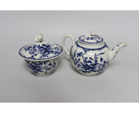 An early Worcester sucrier and cover painted with the Mansfield pattern, and a teapot and cover in the same pattern, c.1760, 