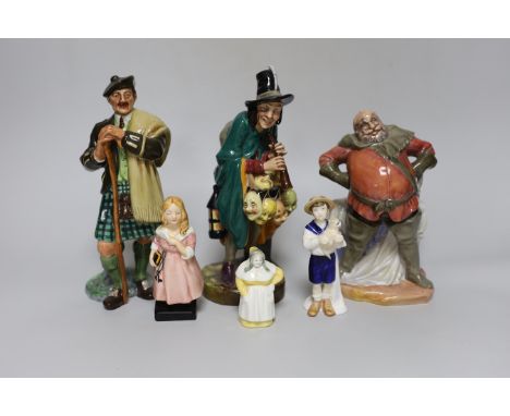 Five Royal Doulton figures and a Royal Worcester figural snuffer, tallest 21cm