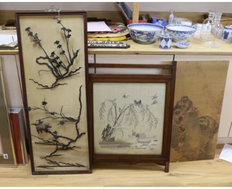 A Chinese ironwork panel, frame 108 cm high, 43 cm wide an embroidered silk panel and a Japanese painting of monkeys