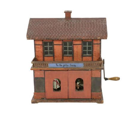 ‘To The Golden Goose’: A rare German musical toy modelled as two storey half-timbered building, circa 1890, twin doors at the