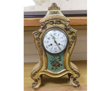 An early 20th century painted French mantel clock, 45cms high
