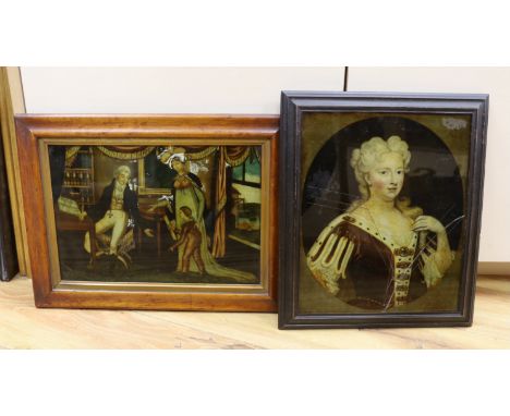 Two early 19th century reverse prints on glass, Family interior and Portrait of a Monarch, both cracked, largest 31 x 25.5cm