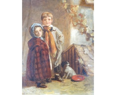 Thomas Webster (1800-1886), oil on wooden panel, Children standing beside a kennel, signed and dated 1852, Cider House Galler