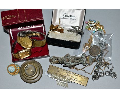 A SELECTION OF MISCELLANEOUS ITEMS, to include a gentleman's Rotary watch, with markers box, a Limit watch, a marcasite brooc