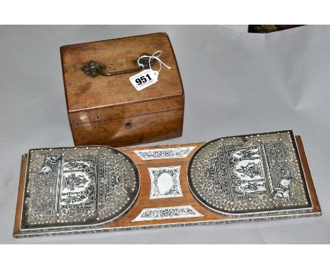 A FRUITWOOD TRINKET BOX (no key) together with an Oriental design carved bookslide (2)