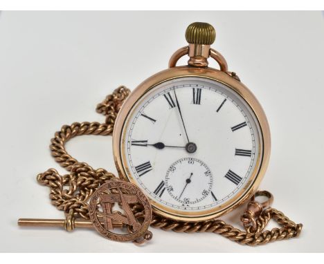A GOLD PLATED OPEN FACED POCKET WATCH, 9ct gold Albert chain, fob and T-bar, the pocket watch with a white Roman numeral dial