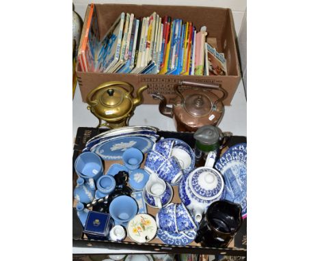 TWO BOXES AND LOOSE OF BOOKS, CERAMICS AND METALWARE, to include Blue Peter BBC TV books etc, Wedgwood jasperware, Broadhurst