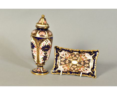 TWO PIECES OF ROYAL CROWN DERBY IMARI, comprising '2451' trinket dish, length 13cm and '1128' small covered vase, (reglued li