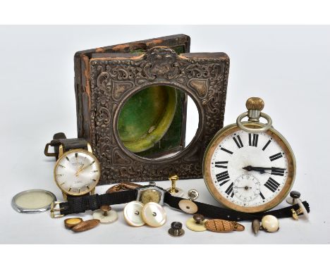 A SELECTION OF CUFFLINKS, DRESS STUDS AND WATCHES, to include a base metal pocket watch in a hinged frame case with embossed 