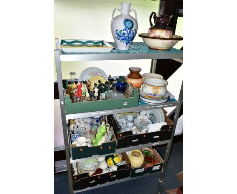FIVE BOXES AND LOOSE CERAMICS AND GLASSWARE to include Berry Haute Porcelaine hexagonal fish plates, assorted jugs, vases, bo