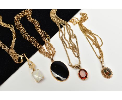 FOUR GEM PENDANT NECKLACES, to include a moss agate cabochon within a double rope twist surround suspended from a fine curb l