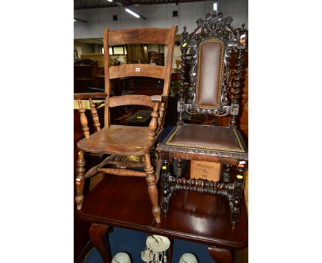 A LATE 19TH CENTURY OAK AND MAHOGANY LADDER BACK ARMCHAIR together with a carved oak hall chair lion decoration and barley tw