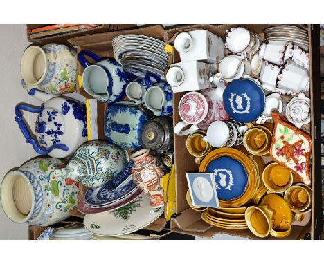 TWO BOXES AND LOOSE CERAMICS, to include Blakeney Ironstone, large blue and white teapot, Ironstone blue and white jugs, tria