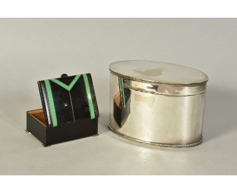 A MAPPIN &amp; WEBB PRINCES PLATE OVAL LIDDED CADDY, height 10cm x length 16cm, together with a small German rectangular Deco