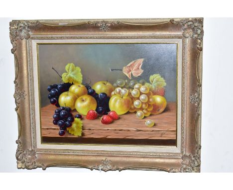 JOHN F SMITH (BRITISH CONTEMPORARY) a still life study of fruit upon a table, signed lower right, oil on board, framed, appro