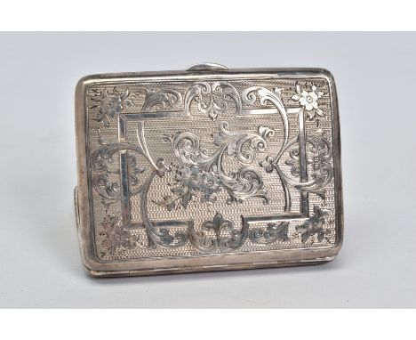 A LATE VICTORIAN SILVER AIDE MEMOIRE OF RECTANGULAR FORM, engine turned and foliate engraved decoration, tan kid lined interi