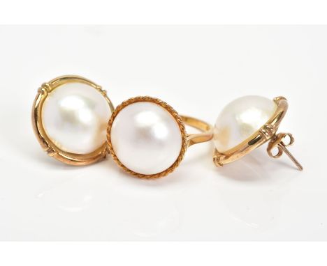 A PAIR OF MABE PEARL EARRINGS AND A RING, the earrings designed as half round cultured pearls within a plain polished mount w