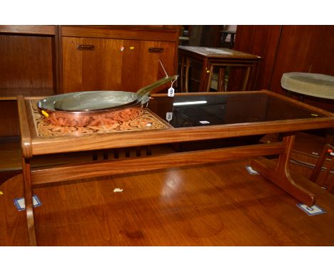 A G PLAN TEAK TILE TOPPED NEST OF THREE TABLES, and a matching glass topped coffee table (2)