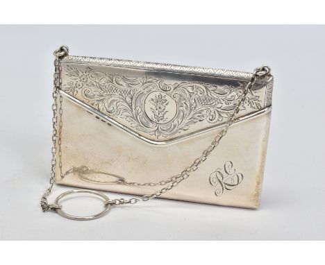 A GEORGE V SILVER ENVELOPE SHAPED CARD CASE, engraved decoration and initialled, lined interior, on chain and finger ring, ma