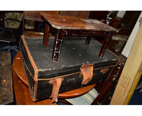A FINNIGANS, MANCHESTER AND LIVERPOOL BLACK GROUND AND BROWN LEATHER BOUND TRAVELLING TRUNK, width 84cm x depth 50cm x height