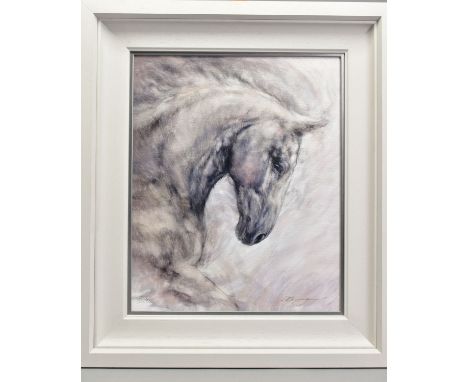 GARY BENFIELD (BRITISH 1965) 'MOONLIGHT' a limited edition print of a white horse 27/195, signed lower right, framed, approxi