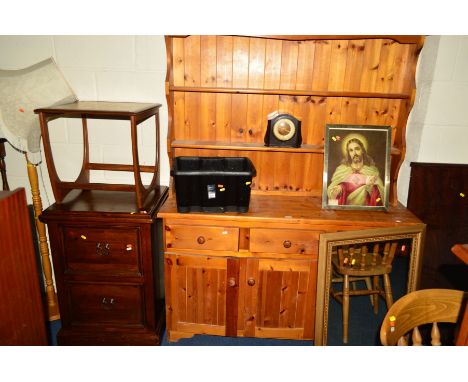 A PINE KITCHEN DRESSER, with three drawers, together with a pine two drawer filing cabinet, a bakelite mantel clock, a box of