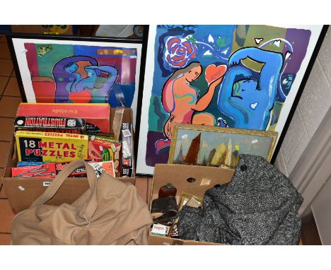 TWO BOXES AND LOOSE GAMES, PICTURES, COATS etc, to include 'Escalado', 'Bobs Bridge Game', 'Sketch-a-Grab', a C &amp; A cashm