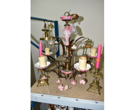 A PAIR OF POCKET CHANDELIER CEILING LIGHTS,  with a French style ceramic and brass five branch chandelier, a pair of brass ca