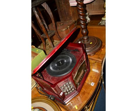 A PROLECTRIX TABLE TOP TURNTABLE/TUNER together with an oak barley twist standard lamp, oak fire screen, slipper box and a wi