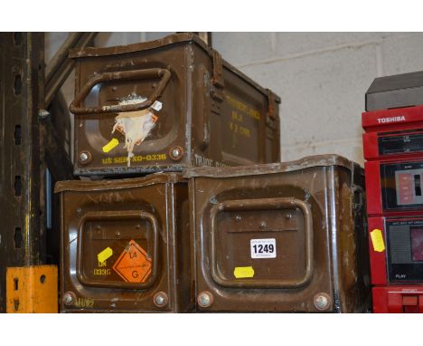 THREE BROWN PAINTED METAL AMMUNITION CRATES (3)