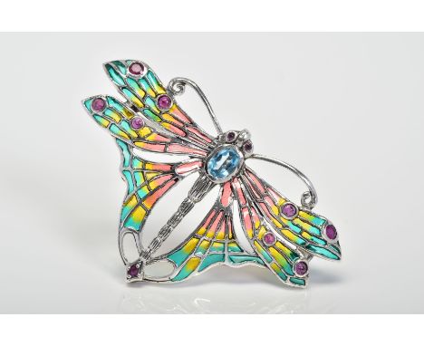 A BROOCH, the plique-a-jour dragonfly brooch set with an aquamarine body and circular ruby detail, stamped 925, width 60mm
