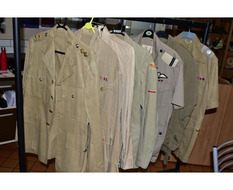 SEVEN ITEMS OF BRITISH FORCES, 'TROPICAL/LIGHTWEIGHT JACKETS/SHIRTS some with insignia, WWII/post WWII era, two are short sle