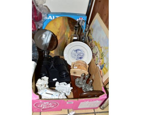 A BOX OF SUNDRY ITEMS to include an unmarked 'Uncle Toms Cabin' plate, Grace Darling ceramic pig shaped money box, wooden boo