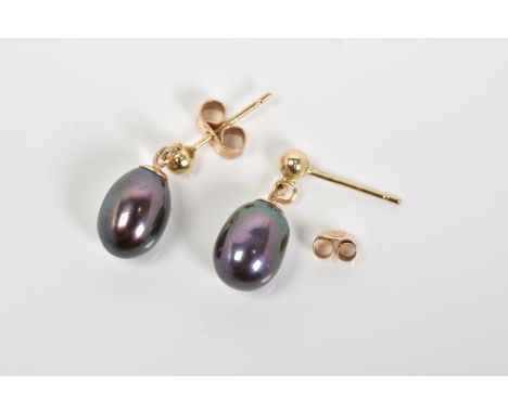 A PAIR OF PEARL DROP EARRINGS, each designed with a cultured black pearl drop suspended from post and scroll fittings, stampe