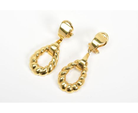 A PAIR OF DROP EARRINGS, each designed as an open pear shaped rope twist panel suspended from two tapered suspension loops to