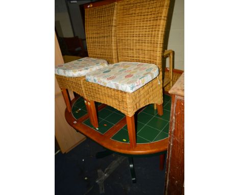 A MODERN GREEN TILE TOPPED PEDESTAL EXTENDING DINING TABLE, and four wicker chairs (5)